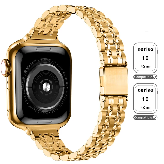 Alt view image 2 of 6 - Gold Watch Band for Apple Watch 42mm Series 10/11 Women's Strap | Luxury Stainless Steel Bands with Case, Adjustable Replacement for iWatch, Compatible with Series 9/8/7/6/5/4/3/2/1/SE, Gold