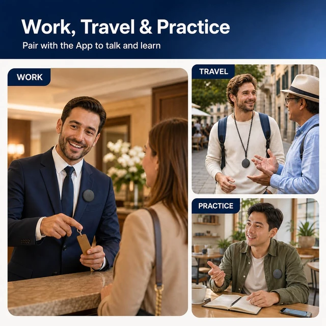 Alt view image 7 of 7 - Language Translator Device,Spanish & English Practice Companion,Gray | Real-Time Translation, AI Voice Assistant, Multi-Language Support, Hands-Free Design, Travel Companion