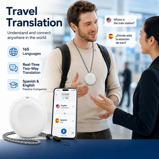 Alt view image 2 of 7 - Smart Wearable Translator,AI Translator Language Translator,Supports 165 Languages Real Time Translation,Device Spanish & English Practice Companion,Travel traductor de idiomas portatil