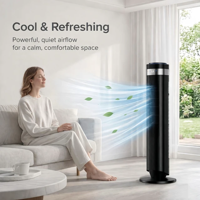 Alt view image 3 of 7 - Tower Fan for Bedroom, Oscillating Bladeless Fan with Remote, 5 Speeds 4 Modes Quiet Fan 28dB, 22.3ft/s High Velocity,12H Timer, LED Display Cooling Fan Floor Standing Fan for Home Office, Dorm,Black