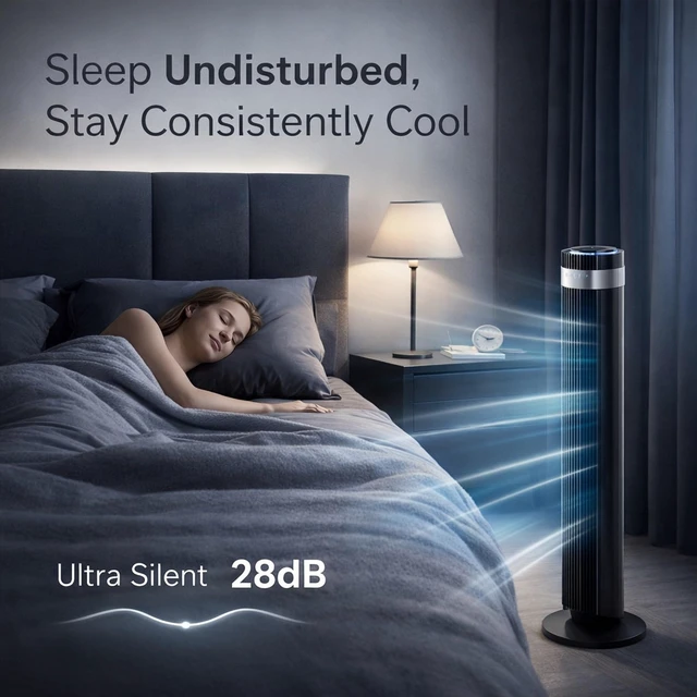 Alt view image 4 of 7 - Tower Fan for Bedroom, Oscillating Bladeless Fan with Remote, 5 Speeds 4 Modes Quiet Fan 28dB, 22.3ft/s High Velocity,12H Timer, LED Display Cooling Fan Floor Standing Fan for Home Office, Dorm,Black
