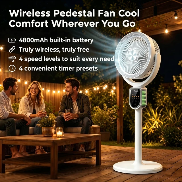 Alt view image 2 of 7 - Rechargeable Cordless Pedestal Fan, Standing Air Circulator Fan with Remote | Pedestal Fan Standing for Home Camping, 190°+140° Auto Oscillation, 4 speeds, 4 timers, 3 Heights Adjustable for Stand Fan
