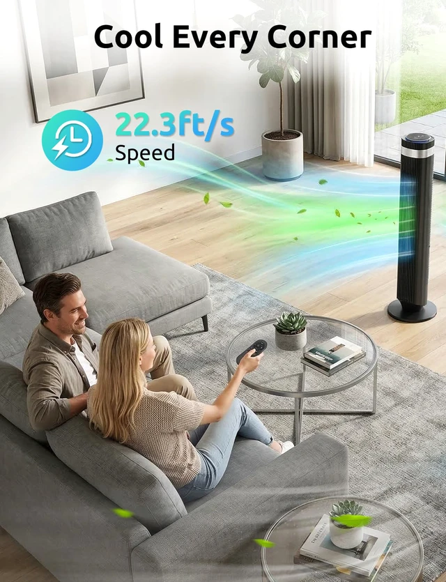 Alt view image 7 of 7 - Tower Fan for Bedroom, Oscillating Bladeless Fan with Remote, 5 Speeds 4 Modes Quiet Fan 28dB, 22.3ft/s High Velocity,12H Timer, LED Display Cooling Fan Floor Standing Fan for Home Office, Dorm,Black