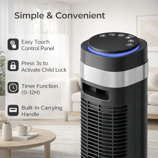 Alt view image 6 of 7 - Tower Fan for Bedroom, Oscillating Bladeless Fan with Remote, 5 Speeds 4 Modes Quiet Fan 28dB, 22.3ft/s High Velocity,12H Timer, LED Display Cooling Fan Floor Standing Fan for Home Office, Dorm,Black