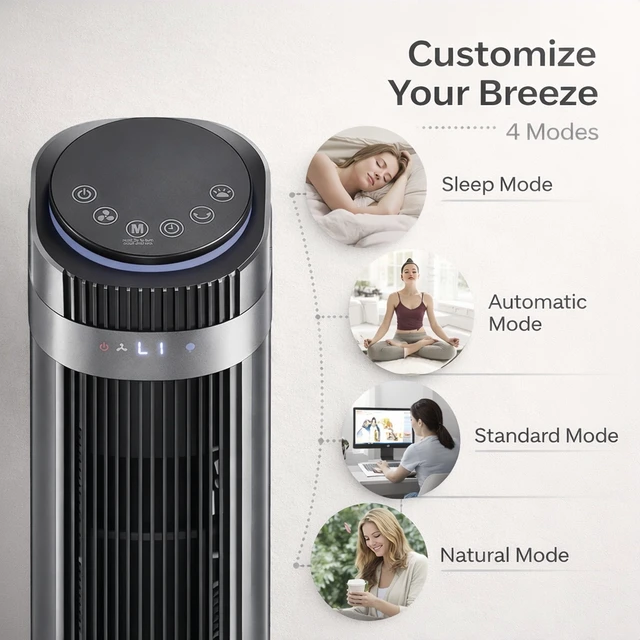 Alt view image 2 of 7 - Tower Fan for Bedroom, Oscillating Bladeless Fan with Remote, 5 Speeds 4 Modes Quiet Fan 28dB, 22.3ft/s High Velocity,12H Timer, LED Display Cooling Fan Floor Standing Fan for Home Office, Dorm,Black