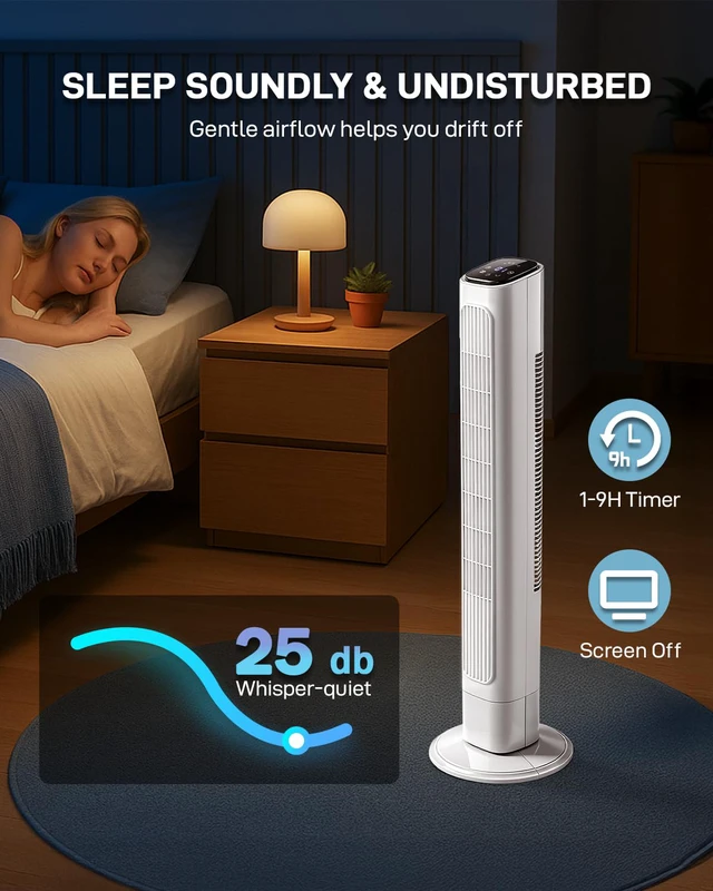 Alt view image 4 of 7 - 36" Bladeless Tower Fan for Cooling Home Office Bedroom, White | Ultra-Quiet, Portable Floor Fan with Remote Control, LED Display, Adjustable 90° Oscillating, 3 Speeds, 3 Modes & 9H Timer