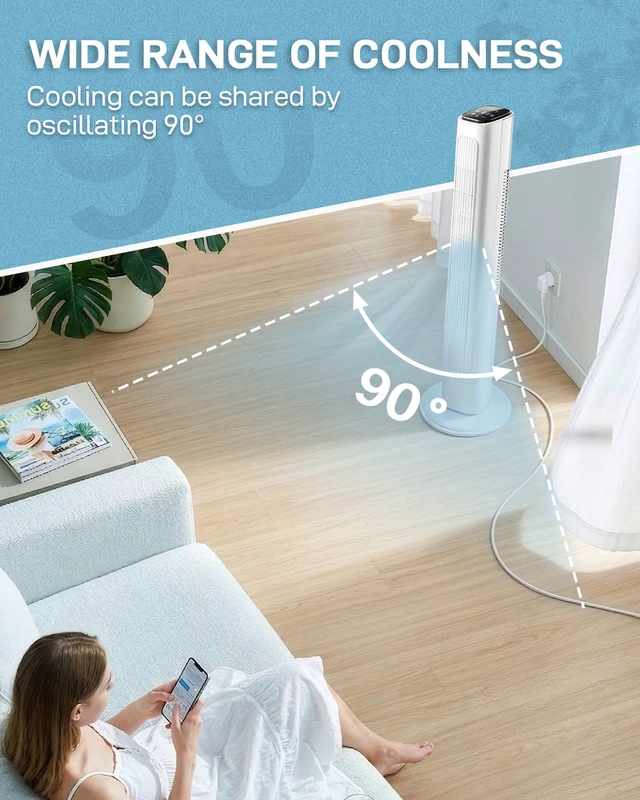 Alt view image 6 of 7 - 36" Bladeless Tower Fan for Cooling Home Office Bedroom, White | Ultra-Quiet, Portable Floor Fan with Remote Control, LED Display, Adjustable 90° Oscillating, 3 Speeds, 3 Modes & 9H Timer
