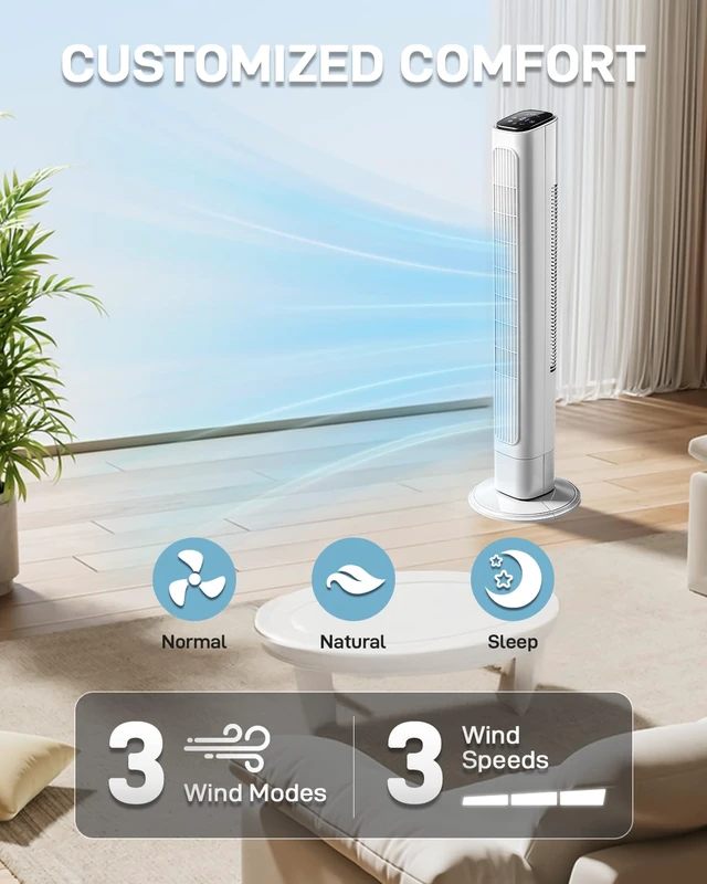 Alt view image 3 of 7 - 36" Bladeless Tower Fan for Cooling Home Office Bedroom, White | Ultra-Quiet, Portable Floor Fan with Remote Control, LED Display, Adjustable 90° Oscillating, 3 Speeds, 3 Modes & 9H Timer