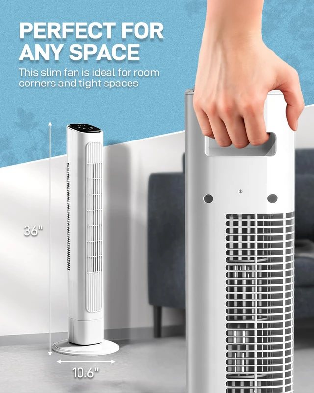 Alt view image 7 of 7 - 36" Bladeless Tower Fan for Cooling Home Office Bedroom, White | Ultra-Quiet, Portable Floor Fan with Remote Control, LED Display, Adjustable 90° Oscillating, 3 Speeds, 3 Modes & 9H Timer