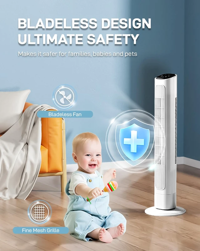 Alt view image 5 of 7 - 36" Bladeless Tower Fan for Cooling Home Office Bedroom, White | Ultra-Quiet, Portable Floor Fan with Remote Control, LED Display, Adjustable 90° Oscillating, 3 Speeds, 3 Modes & 9H Timer