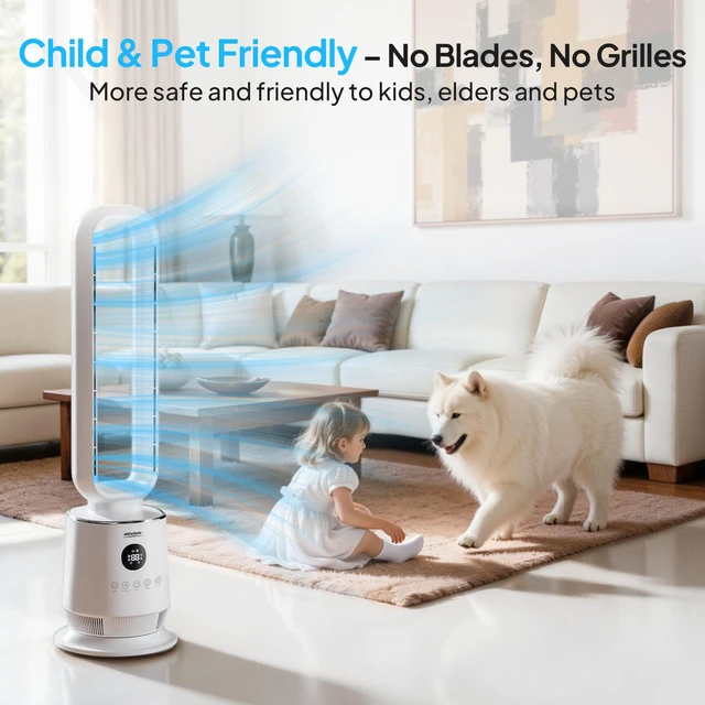 Alt view image 2 of 7 - 32inch Bladeless Tower Fan, Quiet Smart Bladeless Fan for Bedroom, 90°Oscillating Cooling Fan with 3 Speeds, 3 Modes, 12H Timer, Compact Tower Fan with Remote, Safe Design for Home, Bedroom