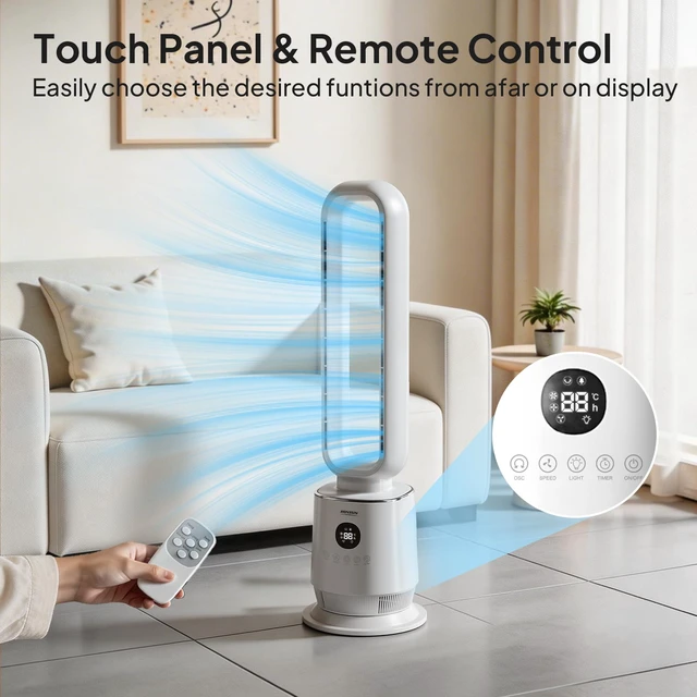 Alt view image 4 of 7 - 32inch Bladeless Tower Fan, Quiet Smart Bladeless Fan for Bedroom, 90°Oscillating Cooling Fan with 3 Speeds, 3 Modes, 12H Timer, Compact Tower Fan with Remote, Safe Design for Home, Bedroom