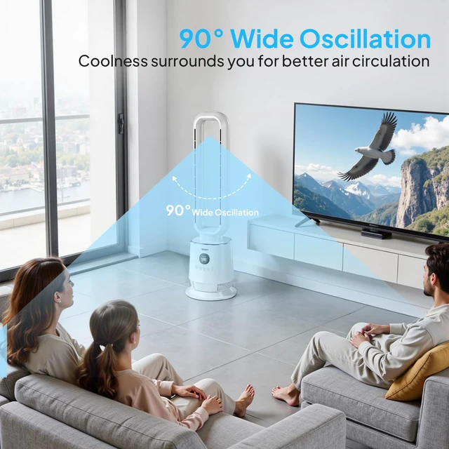 Alt view image 5 of 7 - Smart Bladeless Fan, 32" Bladeless Tower Fan for Bedroom, Quiet Oscillating Tower Fan with Remote, Portable Cooling Fan with 12H Timer, 3 Speeds, 3 Modes, Ideal for Home, Bedroom, Office