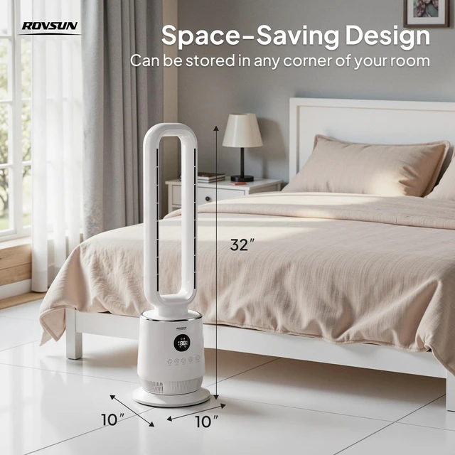 Alt view image 7 of 7 - 32inch Bladeless Tower Fan, Quiet Smart Bladeless Fan for Bedroom, 90°Oscillating Cooling Fan with 3 Speeds, 3 Modes, 12H Timer, Compact Tower Fan with Remote, Safe Design for Home, Bedroom