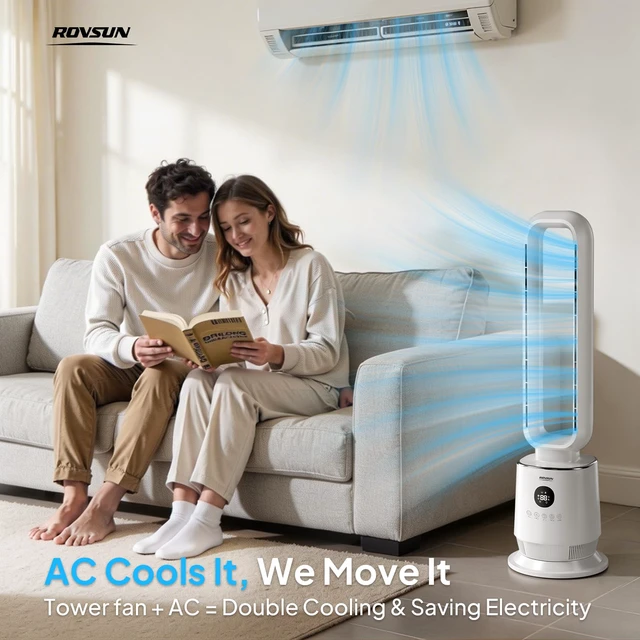 Alt view image 6 of 7 - 32inch Bladeless Tower Fan, Quiet Smart Bladeless Fan for Bedroom, 90°Oscillating Cooling Fan with 3 Speeds, 3 Modes, 12H Timer, Compact Tower Fan with Remote, Safe Design for Home, Bedroom