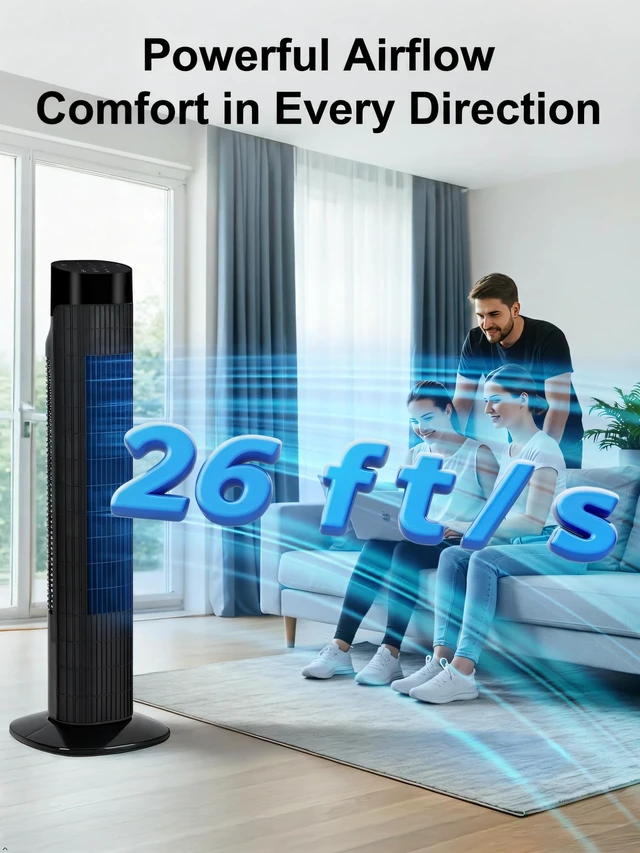 Alt view image 2 of 7 - Tower Fan with Remote, Portable 120° Oscillating Standing Fan, 3 Speeds & 3 Modes, 7.5H Timer, Fans That Blow Cold Air for Bedroom, Living Room, Office, Black