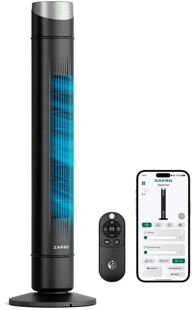 Main image of Smart Tower Fan for Bedroom,Upgraded DC Motor Fans that Blow Cold Air | 120° Oscillating Fan, 43ft Far Airflow,28ft/s High-Speed,12 Speeds,4 Modes,22dB Quiet,App/Voice,12H Timer,Dark Black