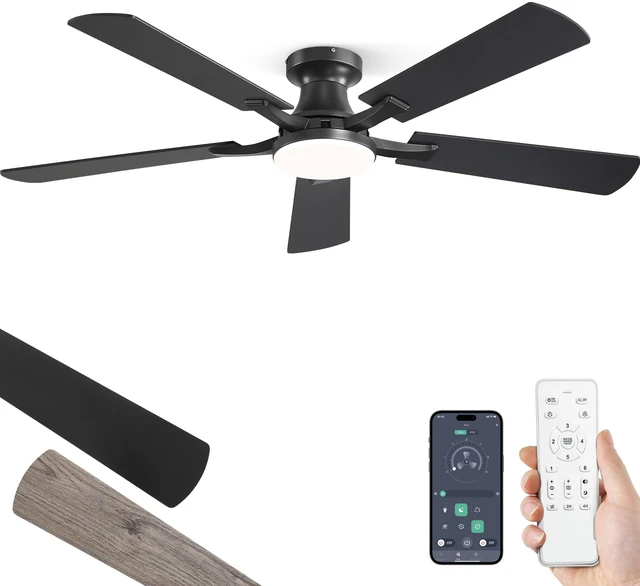 Main image of 52 Inch Ceiling Fans with Lights, Remote&App Control, Flush Mount | Low Profile, Dimmable 20W LED Light, Quiet Reversible Motor, Strong Airflow, Easy Install for Bedroom/Living Room/Apt, Black