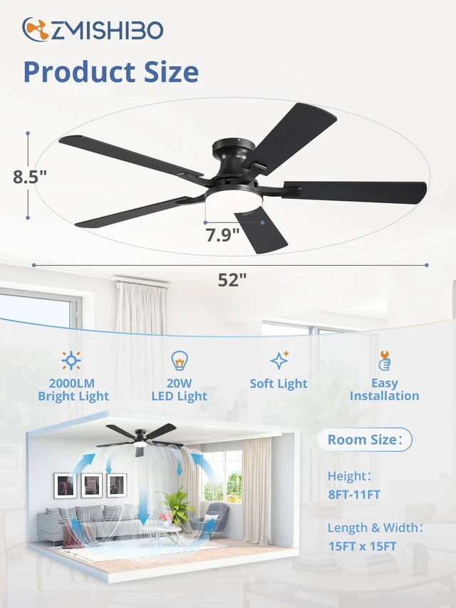 Alt view image 7 of 7 - 52 Inch Ceiling Fans with Lights, Remote&App Control, Flush Mount | Low Profile, Dimmable 20W LED Light, Quiet Reversible Motor, Strong Airflow, Easy Install for Bedroom/Living Room/Apt, Black