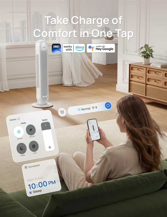 Alt view image 7 of 7 - Smart Tower Fan for Bedroom, 28ft/s Velocity, 8 Speeds Ultra Quiet Fan | 2026 Upgraded DC Motor, 90° Oscillating Floor Fan, WiFi Voice Control, 4 Modes 8H Timer, Bladeless Standing Fans with Remote