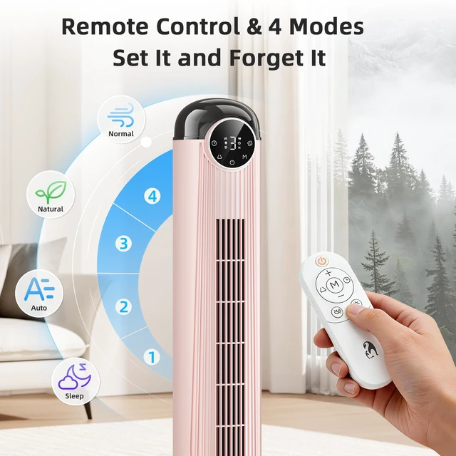 Alt view image 2 of 4 - T42 Tower Fan, 42 Inch DC Brushless Motor Bladeless Oscillating Fan with Remote, 6 Speeds & 4 Modes,LED Display, 9H Timer, Quiet Floor Standing Fan for Bedroom Living Room Office, Pink