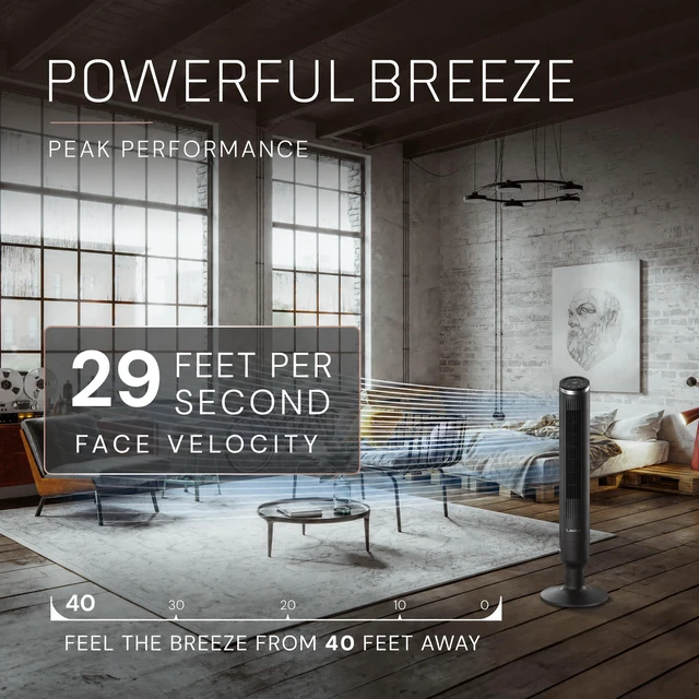 Alt view image 3 of 7 - Apex Oscillating Tower Fan with Remote - 42" - RST200 - Black | Quiet Standing Fan for Bedroom, Office, and Home, 6 Speeds, Timer, With Air Filter for Hair and Dust, Powerful Cooling Air