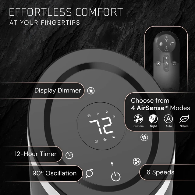Alt view image 7 of 7 - Apex Oscillating Tower Fan with Remote - 42" - RST200 - Black | Quiet Standing Fan for Bedroom, Office, and Home, 6 Speeds, Timer, With Air Filter for Hair and Dust, Powerful Cooling Air