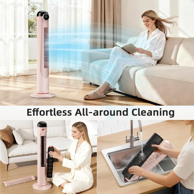 Alt view image 3 of 4 - T42 Tower Fan, 42 Inch DC Brushless Motor Bladeless Oscillating Fan with Remote, 6 Speeds & 4 Modes,LED Display, 9H Timer, Quiet Floor Standing Fan for Bedroom Living Room Office, Pink