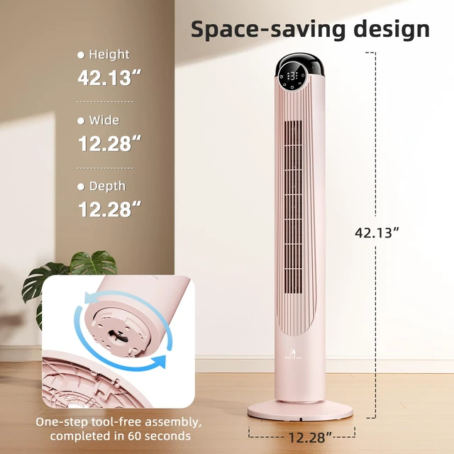 Alt view image 4 of 4 - T42 Tower Fan, 42 Inch DC Brushless Motor Bladeless Oscillating Fan with Remote, 6 Speeds & 4 Modes,LED Display, 9H Timer, Quiet Floor Standing Fan for Bedroom Living Room Office, Pink