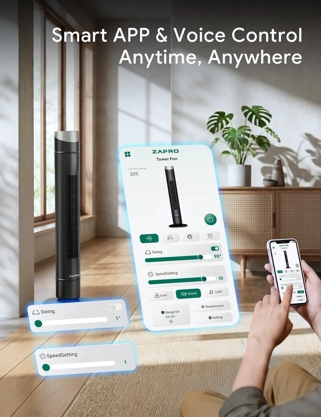 Alt view image 2 of 5 - Smart Tower Fan for Bedroom,Upgraded DC Motor Fans that Blow Cold Air | 120° Oscillating Fan, 43ft Far Airflow,28ft/s High-Speed,12 Speeds,4 Modes,22dB Quiet,App/Voice,12H Timer,36Inch,Black