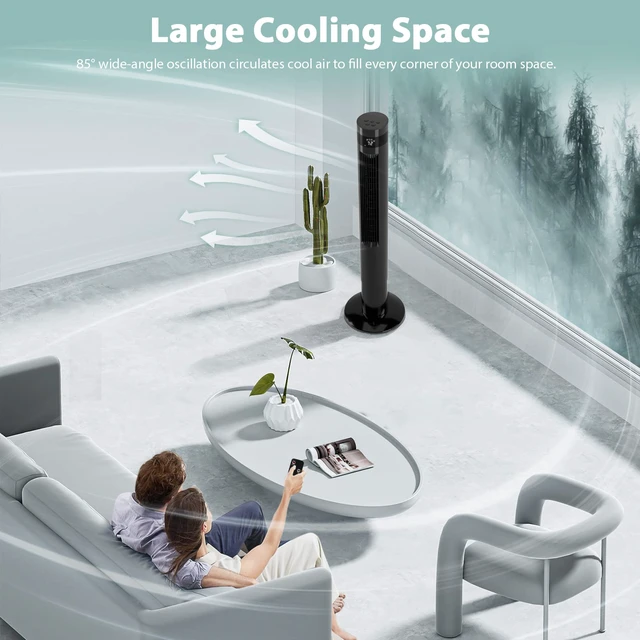 Alt view image 3 of 7 - Tower Fan Portable Electric Oscillating Fan Quiet Cooling Remote Control Standing Bladeless Floor Fans 3 Speeds Wind Modes Timer Bedroom Office (43 inch, Black)