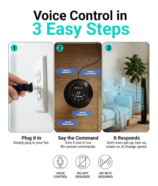 Alt view image 2 of 7 - SmartVoice 40 Tower Fan, Wi-Fi-free Voice Control Fan, Hands-Free Cooling, No WiFi, No App, 70° Oscillation, 3 Speeds, 15-Hr Timer, Sleep Mode & Remote Control
