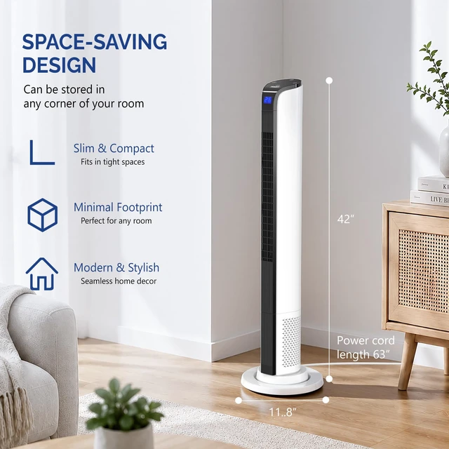 Alt view image 7 of 7 - 42in Tower Fan with Remote & APP Control, Smart Bladeless Floor Fan with 3 Modes 3 Speeds, Digital Display and Oscillating, 12H Timer, Standing Fan for Home, Office, Bedroom