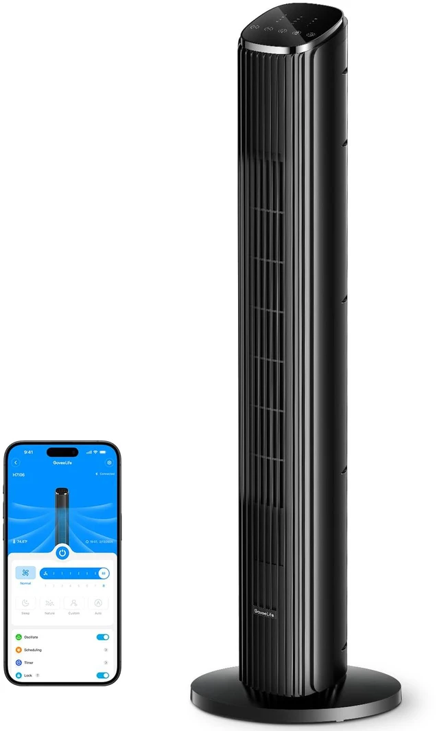 Main image of 36 in. Black Tower Fan for Bedroom, 5 Modes 8 Speeds up to 25ft/s | Smart Floor Fan with App/Voice Control, Temp Sensor, 29dB Bladeless Oscillating Fan for Office, 24H Timer, Auto Cooling