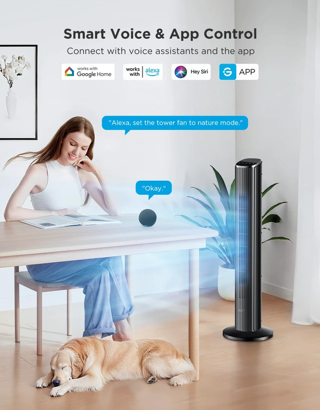 Alt view image 2 of 7 - 36 in. Black Tower Fan for Bedroom, 5 Modes 8 Speeds up to 25ft/s | Smart Floor Fan with App/Voice Control, Temp Sensor, 29dB Bladeless Oscillating Fan for Office, 24H Timer, Auto Cooling