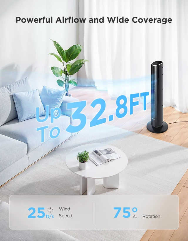 Alt view image 3 of 7 - 36 in. Black Tower Fan for Bedroom, 5 Modes 8 Speeds up to 25ft/s | Smart Floor Fan with App/Voice Control, Temp Sensor, 29dB Bladeless Oscillating Fan for Office, 24H Timer, Auto Cooling