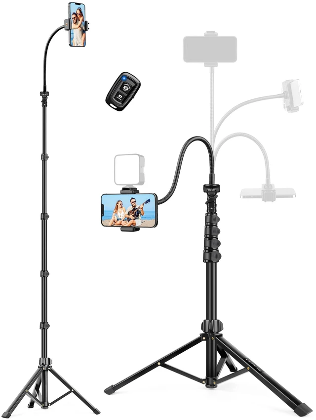 Main image of Phone Tripod Stand, 85" Tall Cellphone Tripod for iPhone with Gooseneck | Flexible Portable Phone Stand with Remote for Recording, Compatible with iPhone 14 13 12 Pro Android Camera