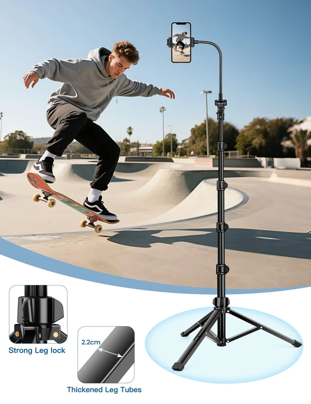 Alt view image 4 of 7 - Phone Tripod Stand, 85" Tall Cellphone Tripod for iPhone with Gooseneck | Flexible Portable Phone Stand with Remote for Recording, Compatible with iPhone 14 13 12 Pro Android Camera