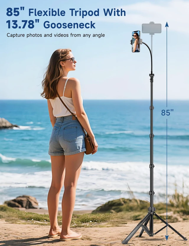 Alt view image 2 of 7 - Phone Tripod Stand, 85" Tall Cellphone Tripod for iPhone with Gooseneck | Flexible Portable Phone Stand with Remote for Recording, Compatible with iPhone 14 13 12 Pro Android Camera