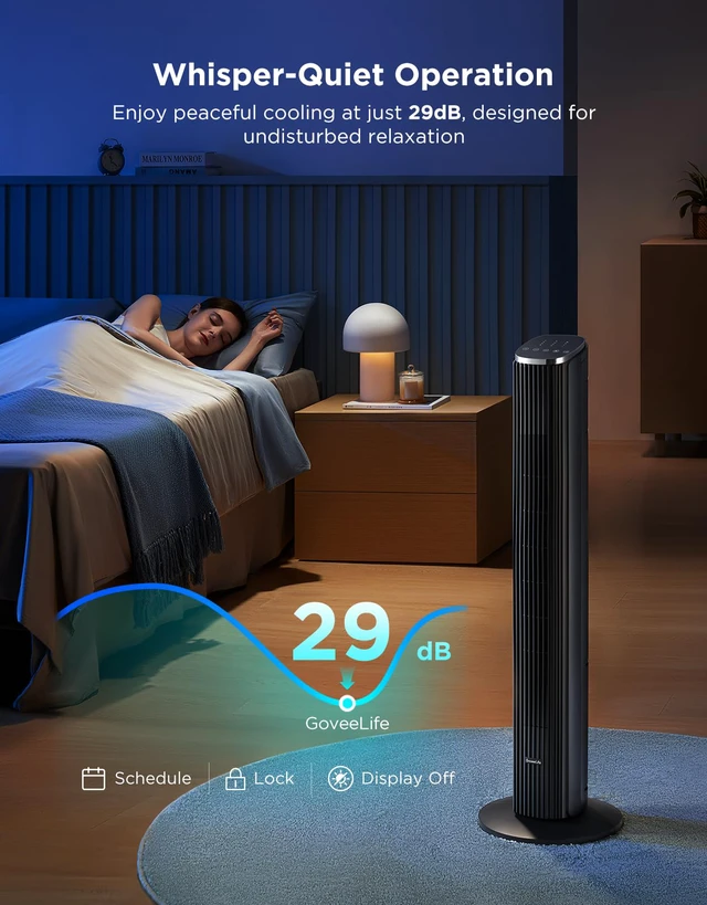 Alt view image 4 of 7 - 36 in. Black Tower Fan for Bedroom, 5 Modes 8 Speeds up to 25ft/s | Smart Floor Fan with App/Voice Control, Temp Sensor, 29dB Bladeless Oscillating Fan for Office, 24H Timer, Auto Cooling