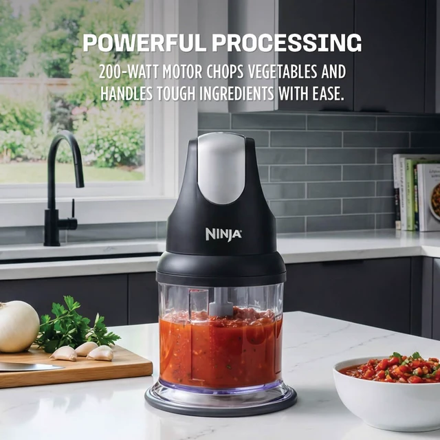 Alt view image 2 of 7 - Express Chop Manual Food Processor, 16oz Bowl, Gray, NJ100GR | One-touch pulse chops, grinds & purees garlic, herbs, nuts & more. 3-cup capacity, stainless blades, dishwasher safe.