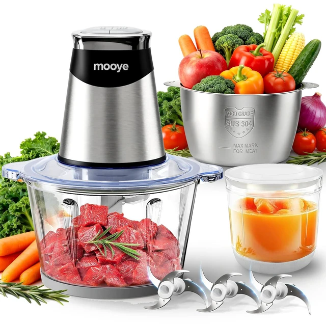 Main image of Food Processor Electric Food Chopper with Meat Grinder & Vegetable Chopper - 3 Bowls(8Cup+8Cup+3Cup) with Powerful Copper Motor - Includes 3 Sets of Bi-Level Blades for Fruits/Meat/Nuts