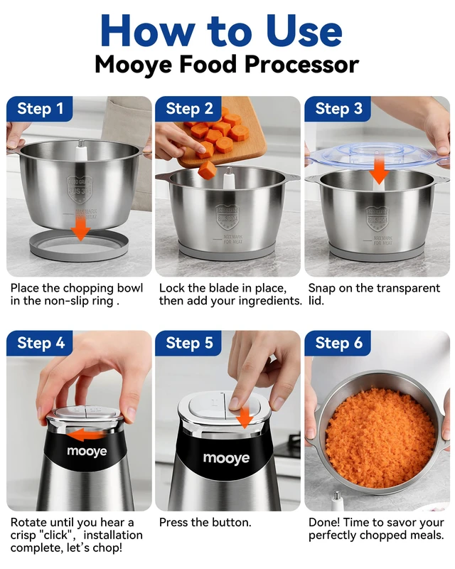 Alt view image 7 of 7 - Food Processor Electric Food Chopper with Meat Grinder & Vegetable Chopper - 3 Bowls(8Cup+8Cup+3Cup) with Powerful Copper Motor - Includes 3 Sets of Bi-Level Blades for Fruits/Meat/Nuts