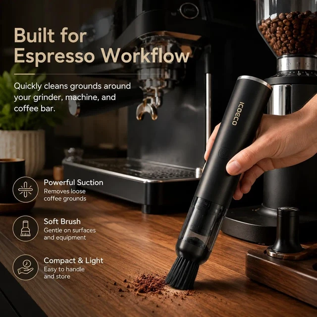 Alt view image 2 of 7 - Barista Coffee Vacuum Cleaner for Coffee Grinders & Espresso Machines | Coffee grounds vacuum for Barista Stations, 4 heads, soft bristle brush, angled nozzle, blower tip, USB-C rechargeable
