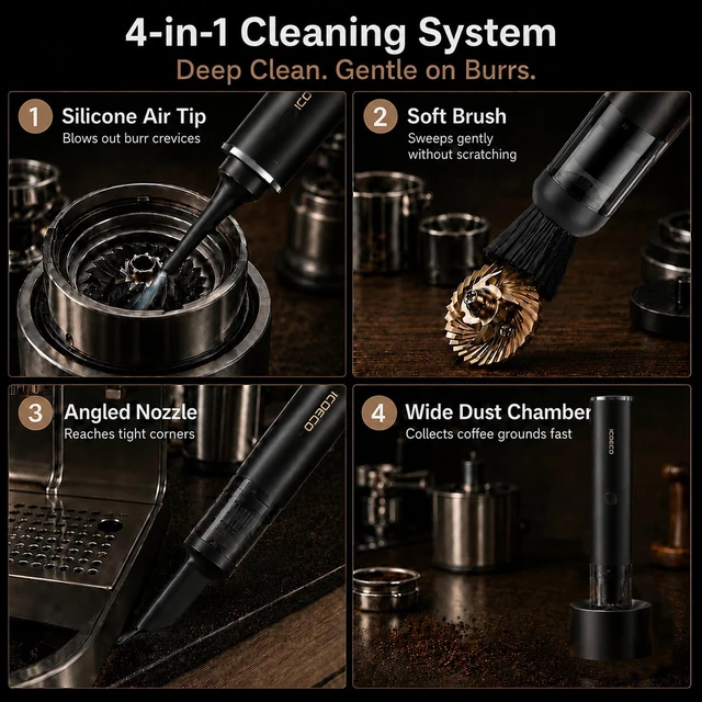 Alt view image 5 of 7 - Barista Coffee Vacuum Cleaner for Coffee Grinders & Espresso Machines | Coffee grounds vacuum for Barista Stations, 4 heads, soft bristle brush, angled nozzle, blower tip, USB-C rechargeable