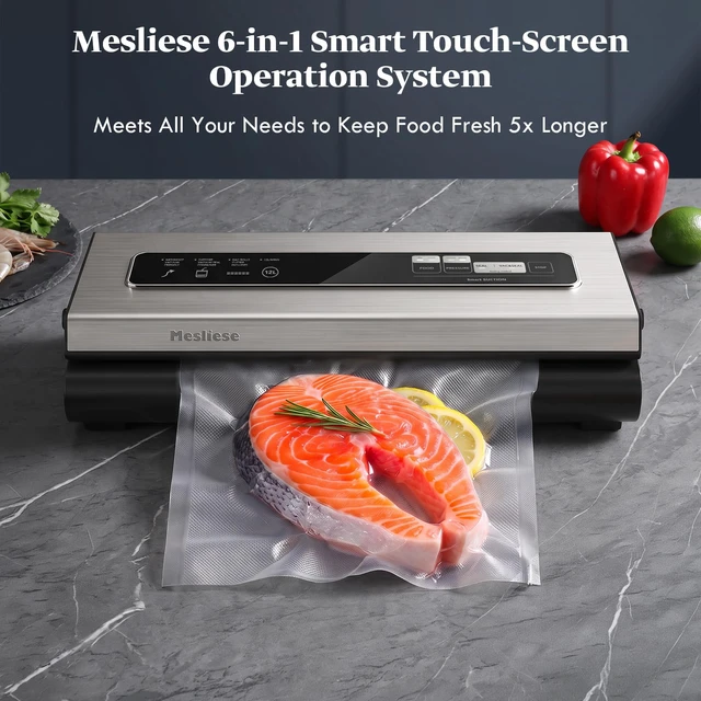 Alt view image 4 of 7 - 90kPa Vacuum Sealer Dry/Moist Modes 2 Bag Rolls & 5 Pre-cut Bags | 6-in-1 Compact Vacuum Food Sealing Machine, Smart Suction, Stainless Steel Panel, External Vacuum for Jars, Cutter