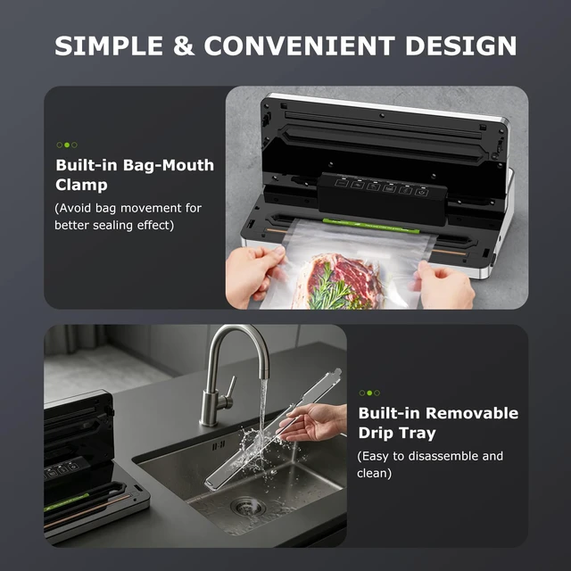 Alt view image 5 of 7 - Vacuum Sealer Machine,80 kPa Powerful Suction,Silver | Multi-Functional Food Vacuum Sealer With Removable Drip Tray,Built-in Cutter & Bag Storage,1 Roll & 5 Vacuum Bags