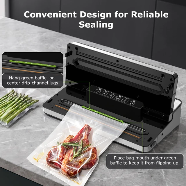 Alt view image 6 of 7 - Vacuum Sealer Machine,80 kPa Powerful Suction,Silver | Multi-Functional Food Vacuum Sealer With Removable Drip Tray,Built-in Cutter & Bag Storage,1 Roll & 5 Vacuum Bags