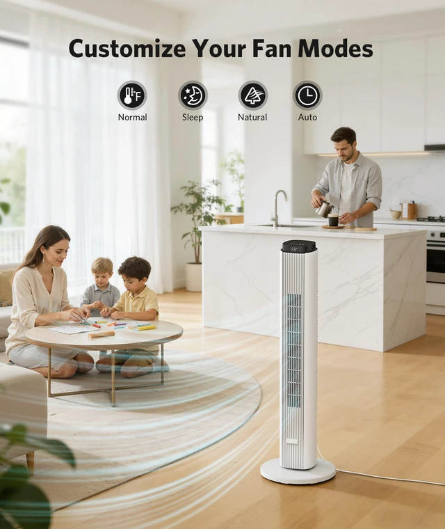 Alt view image 2 of 7 - 36 Inch Tower Fan for Bedroom, 23ft/s Velocity, Oscillating Standing Fans for Room with 6 Speeds, 4 Modes, LED Display, 12H Timer, 80° Bladeless Floor Fans with Remote, Living Room, Office, Home