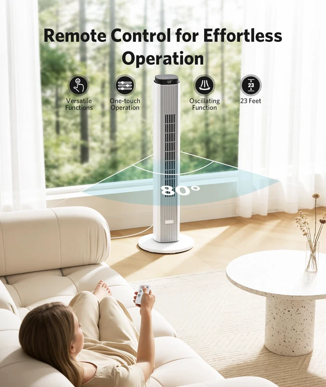 Alt view image 3 of 7 - 36 Inch Tower Fan for Bedroom, 23ft/s Velocity, Oscillating Standing Fans for Room with 6 Speeds, 4 Modes, LED Display, 12H Timer, 80° Bladeless Floor Fans with Remote, Living Room, Office, Home